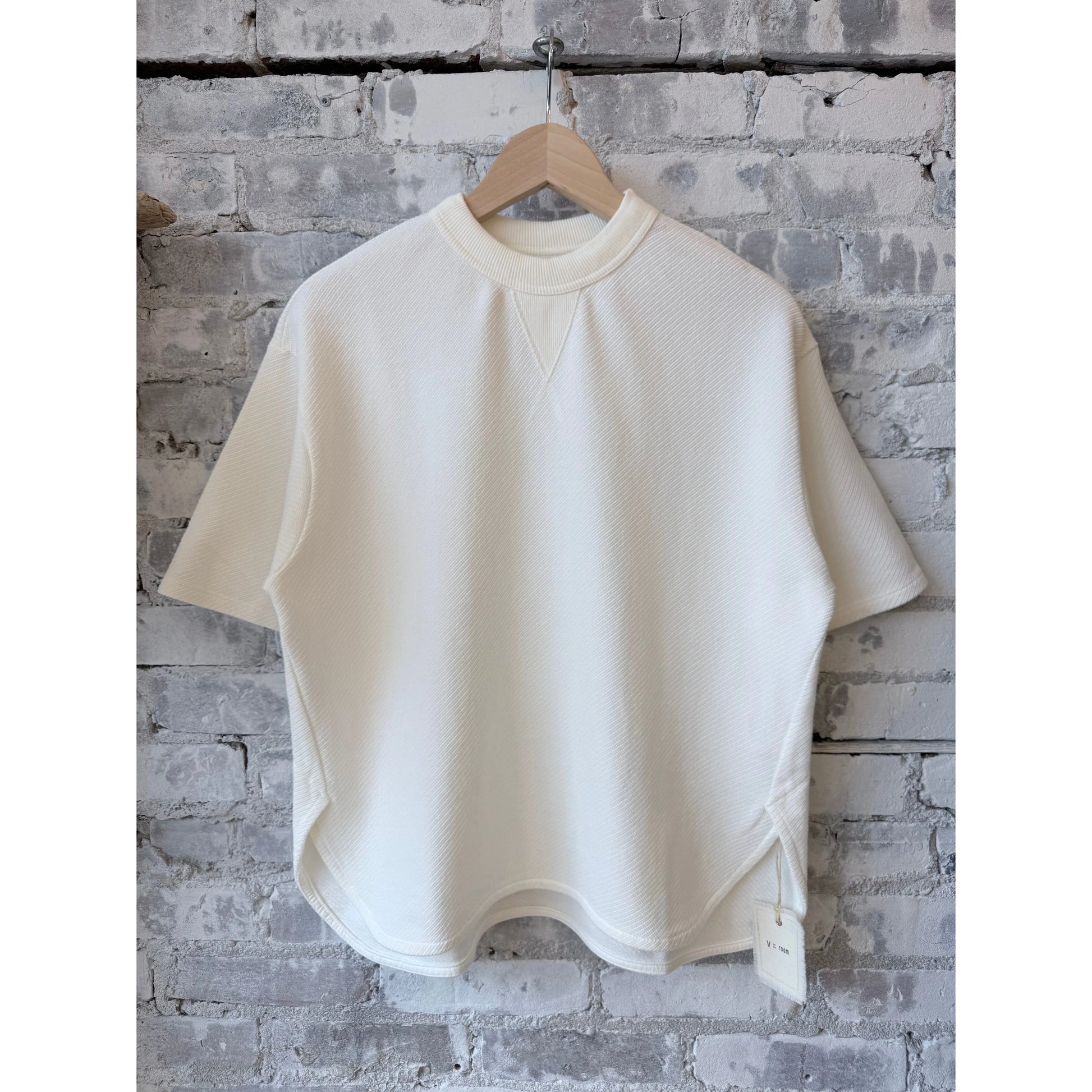 White women's V::Room SS Cotton Mesh Crew Tee, showcasing the lightweight, breathable cotton mesh fabric and classic crew neckline.