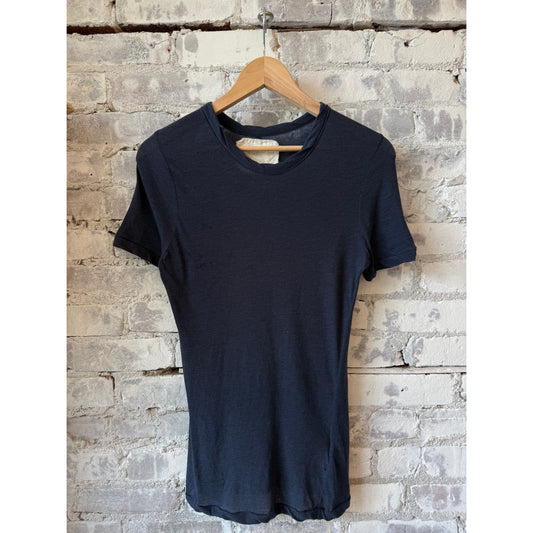 Women's V::Room SS Hi-Soft Jersey Narrow Neck Crew in dark navy, showing the fitted crew neck and soft jersey fabric.