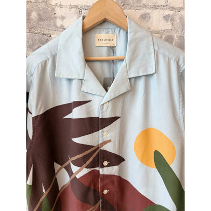 Men's Staccio Shirt by Far Afield featuring a vibrant beach landscape print, lightweight fabric, and casual fit.