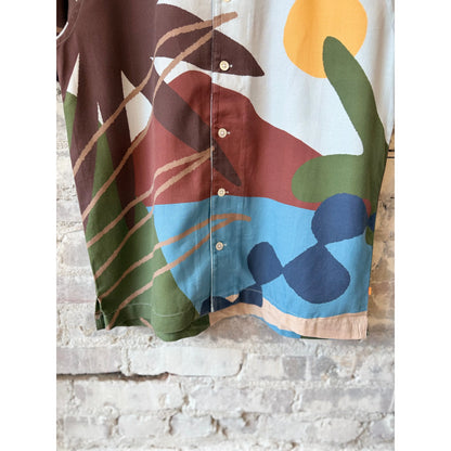 Men's Staccio Shirt by Far Afield featuring a beach landscape print, lightweight fabric, and casual fit for summer wear.