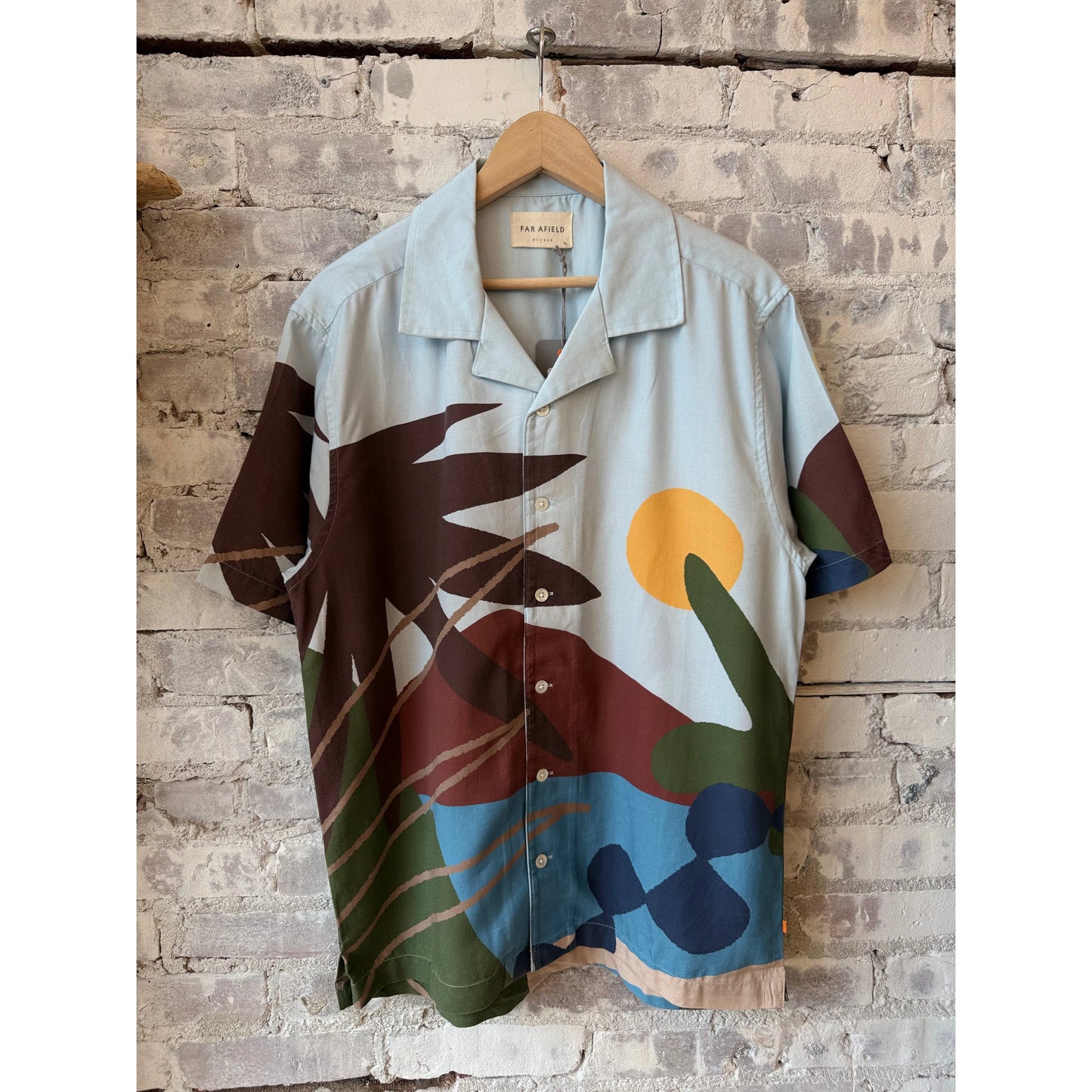 Men's Staccio Shirt by Far Afield featuring a beach landscape print, long-sleeve casual shirt with vibrant coastal scenery design.
