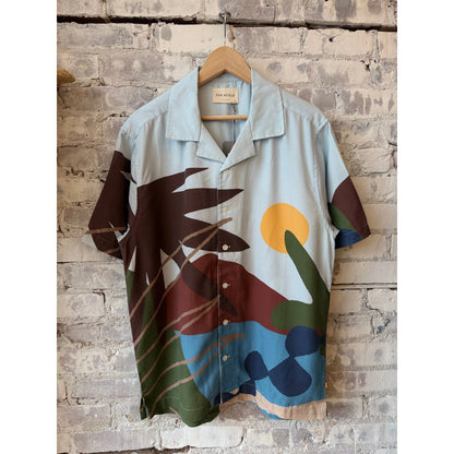 Men's Staccio Shirt by Far Afield featuring a beach landscape print, long-sleeve casual shirt with vibrant coastal scenery design.