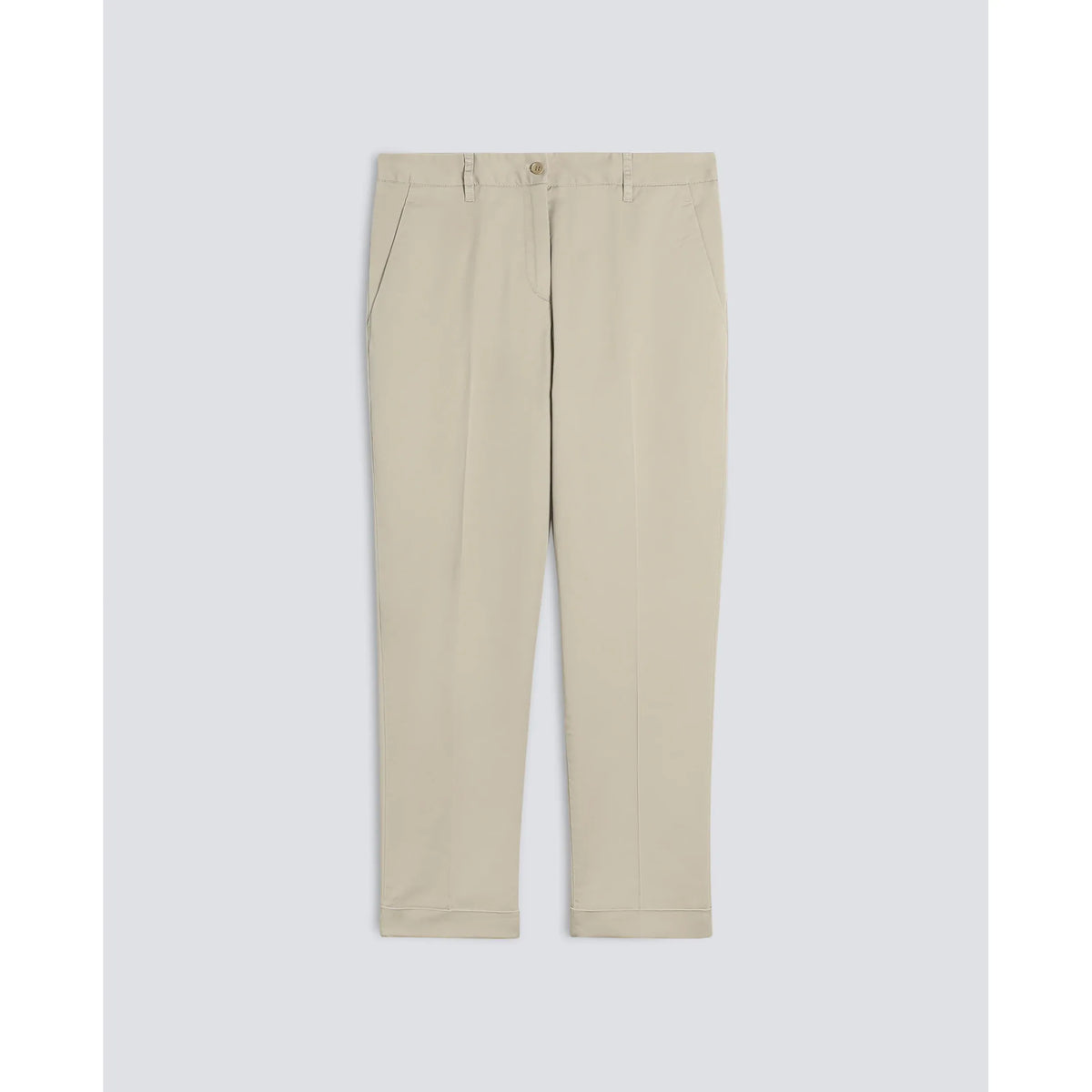 Women's Aspesi stretch cotton twill trousers in colonial beige, showing the relaxed fit and classic design.
