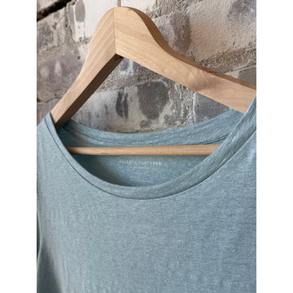 Women's Majestic Filatures stretch linen 3/4 sleeve boatneck top in Bleu Calanques, semi-relaxed fit, casual and stylish.