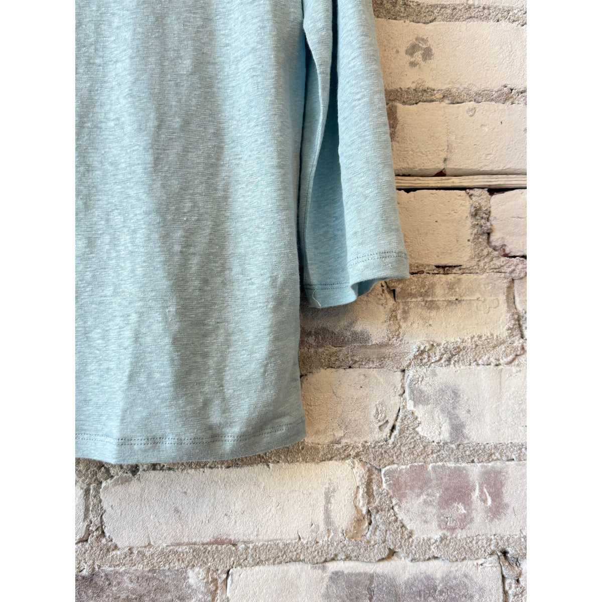 Women's stretch linen 3/4 sleeve boatneck top in Bleu Calanques by Majestic Filatures, shown on a model.