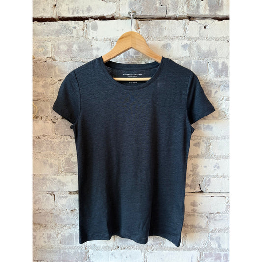 Women's stretch linen SS crewneck top in marine color by Majestic Filatures, showing a close-up of the textured fabric.