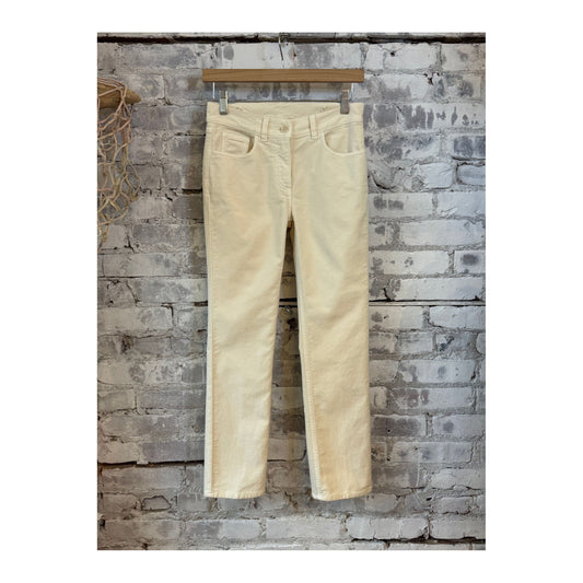 Women's Aspesi stretch moleskin 5-pocket pants in natural color, shown with front view and detailed pockets.