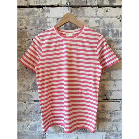 Women's striped basic T-shirt in peony pink by Closed Women's, featuring a casual fit and classic stripe pattern.