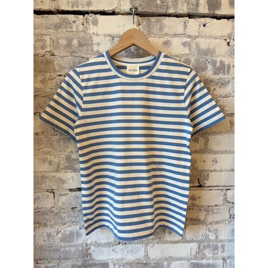 Women's striped basic T-shirt in stone blue by Closed Women's, featuring a classic crew neckline and casual fit.