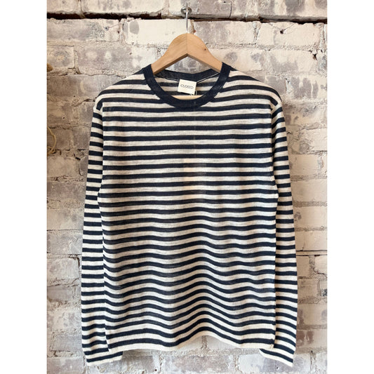 Men's striped crewneck sweater by Closed Men's in Magma Black, featuring a stylish black and white striped pattern.