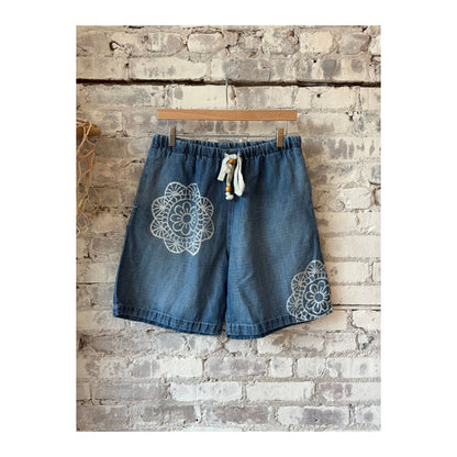Women's Sunny Afternoon Short by MONOSTERO with medallion print chambray fabric, featuring a relaxed fit and stylish design.