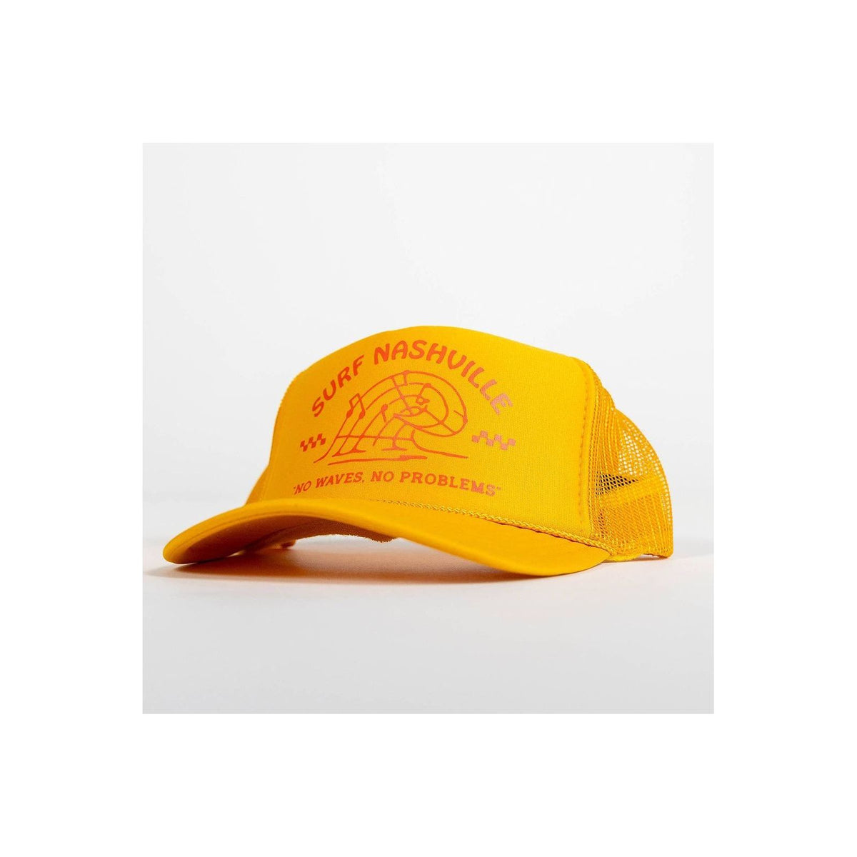 N.B. GOODS Surf Nashville Trucker Hat in gold and orange with mesh back, casual accessories for sunny days and outdoor activities.