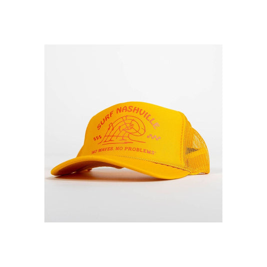 N.B. GOODS Surf Nashville Trucker Hat in gold and orange with mesh back, casual accessories for sunny days and outdoor activities.