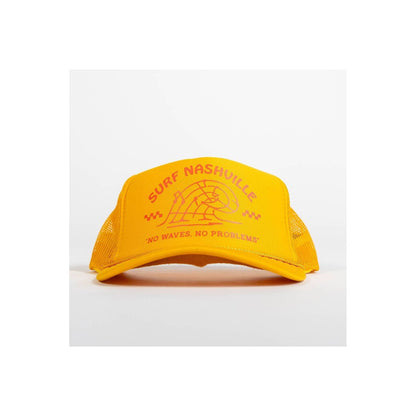 N.B. GOODS Surf Nashville Trucker Hat in gold and orange, adjustable accessories hat with mesh back and curved brim.