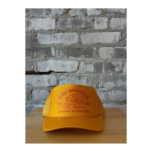 N.B. GOODS Surf Nashville trucker hat in gold and orange with mesh back and adjustable strap, casual accessories for sunny days