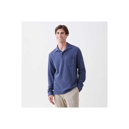 Men's navy Heather Cary L/S Ultra Soft Polo shirt from Surfside Supply, displayed on a hanger with a close-up view of the fabric.