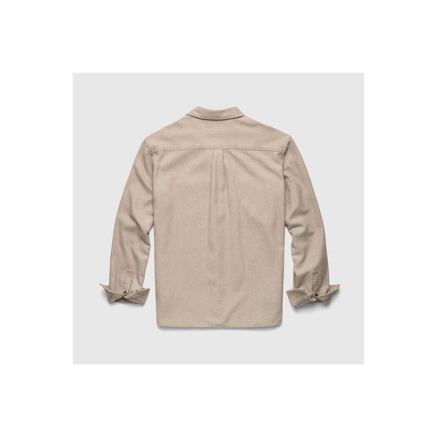 Men's Dylan Brushed Twill Overshirt in khaki by Surfside Supply, shown on a hanger with visible brushed twill fabric.