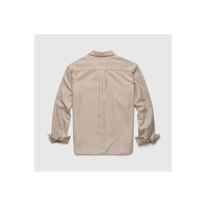 Men's Dylan Brushed Twill Overshirt in khaki by Surfside Supply, shown on a hanger with visible brushed twill fabric.