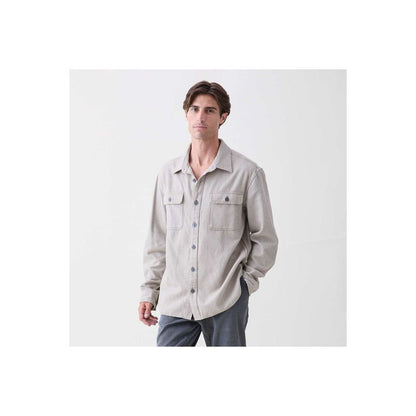 Men's Dylan Brushed Twill Overshirt in khaki by Surfside Supply, shown in a relaxed fit with button-up front and chest pockets.