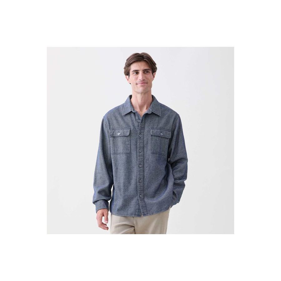 Men's navy brushed twill overshirt by Surfside Supply, shown in a close-up view highlighting the fabric and fit.