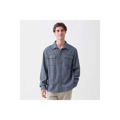 Men's navy brushed twill overshirt by Surfside Supply, shown in a close-up view highlighting the fabric and fit.