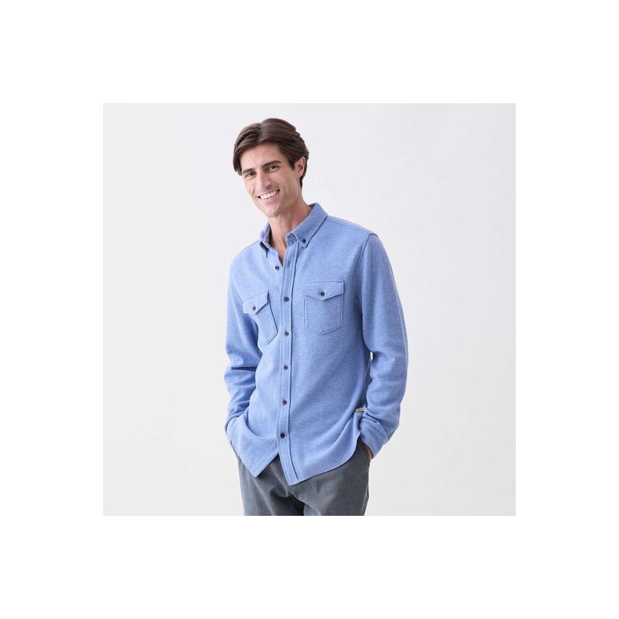 Men's Rex Soft Knit Shirt in Blue Heather by Surfside Supply, showing a close-up of the lightweight, comfortable knit fabric.