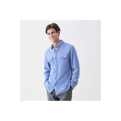 Men's Rex Soft Knit Shirt in Blue Heather by Surfside Supply, showing a close-up of the lightweight, comfortable knit fabric.