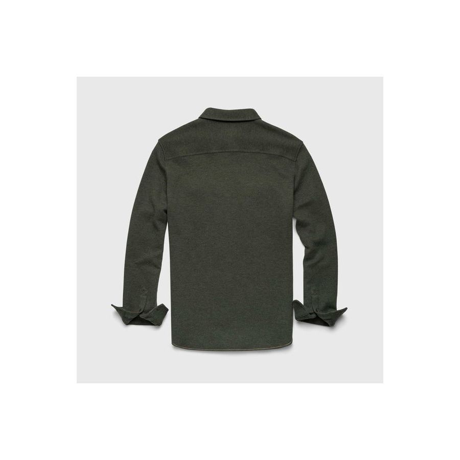 Men's Rex Soft Knit Shirt in green heather by Surfside Supply, shown in a close-up image highlighting the fabric and fit.