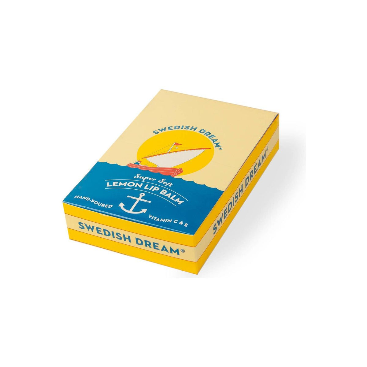 Swedish Dream Lemon Lip Balm by Kalastyle Soap Co. in a small, clear tube with lemon-themed packaging and a twist-up applicator.