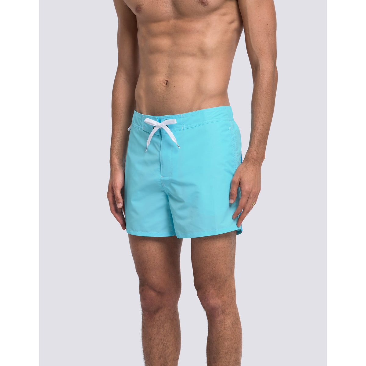 Men's lunar taffeta semi-elastic waist boardshort by Sundek, showing the navy blue fabric and adjustable waistband.