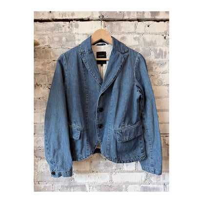 Women's tailored denim blazer in faded blue by Pas De Calais, featuring a fitted design and classic denim texture.
