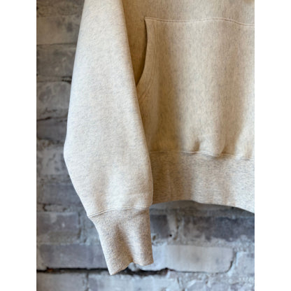Women's V::Room Tencel brushed fleece reverse weave pullover hoodie in oatmeal, showing the cozy, soft fabric and relaxed fit.