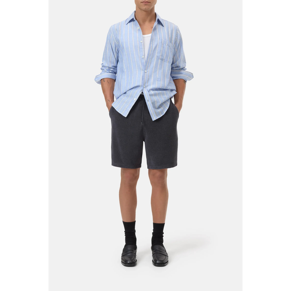 Men's Terry Cloth Shorts in Magma Black by Closed Men's, featuring soft fabric and relaxed fit, shown on a model.