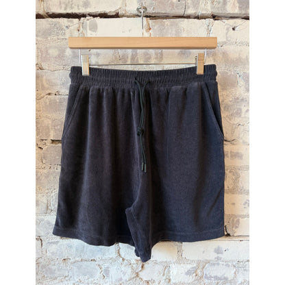 Men's Terry Cloth Shorts by Closed in Magma Black, showing the relaxed fit and soft terry fabric waistband and hem.
