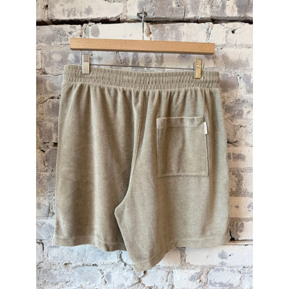 Men's terry cloth shorts in mud grey by Closed Men's, showing a relaxed fit and soft fabric texture.