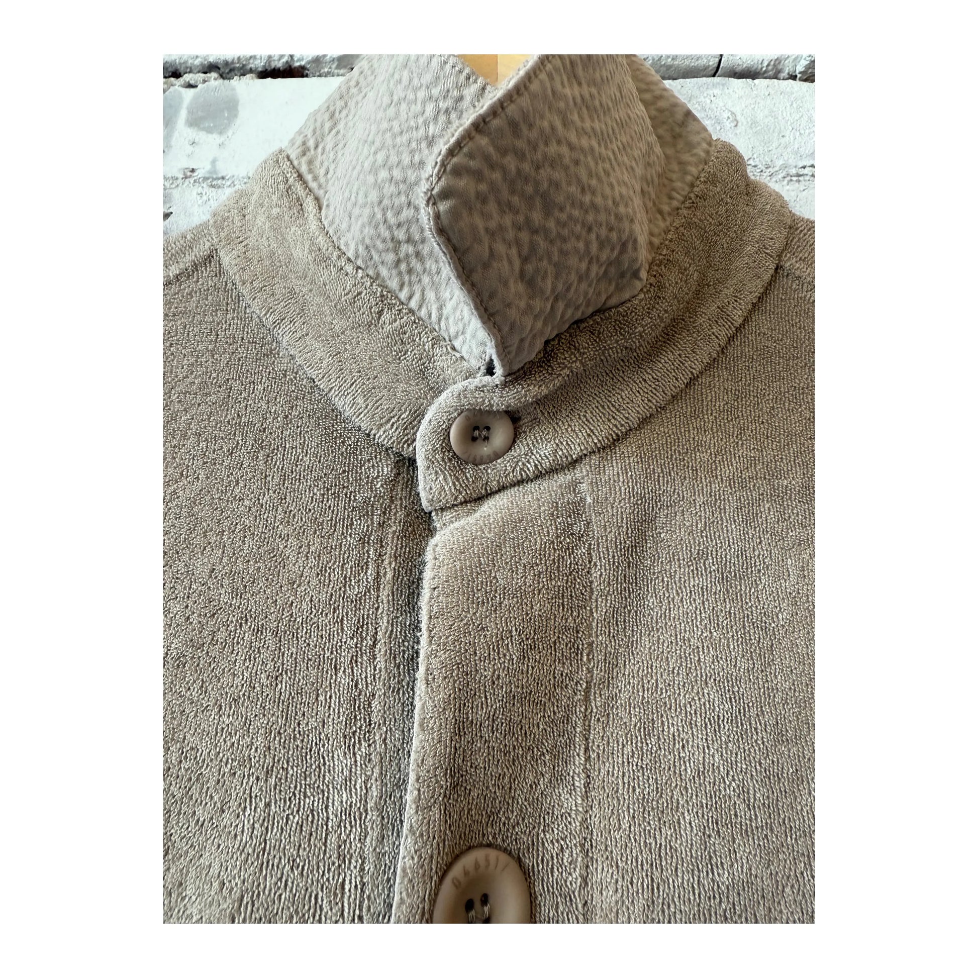 Men's taupe Terry jacket by 04651 with a comfortable, casual fit and textured fabric, shown on a model.