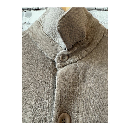 Men's taupe Terry jacket by 04651 with a comfortable, casual fit and textured fabric, shown on a model.