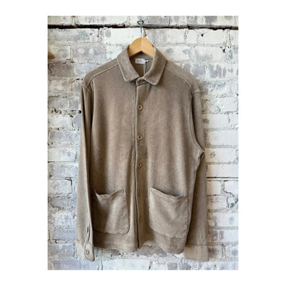 Men's taupe Terry Jacket by 04651, featuring a soft textured fabric and casual fit, shown on a hanger.