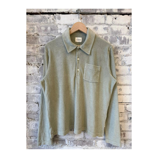 Men's Terry Toweling Polo Shirt in Cloud Grey by Closed Men's, showing the relaxed fit and textured fabric on a white background.