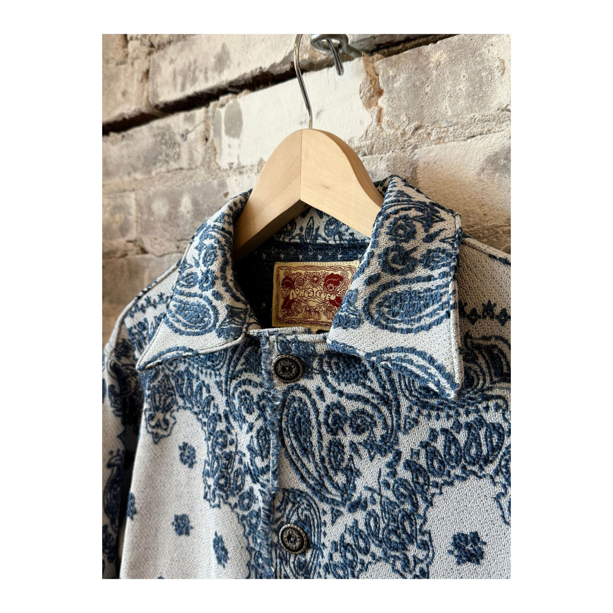 Men's Paisley Blanket Shirt Jacket in indigo by MONOSTERO, featuring a cozy, patterned design perfect for layered style.