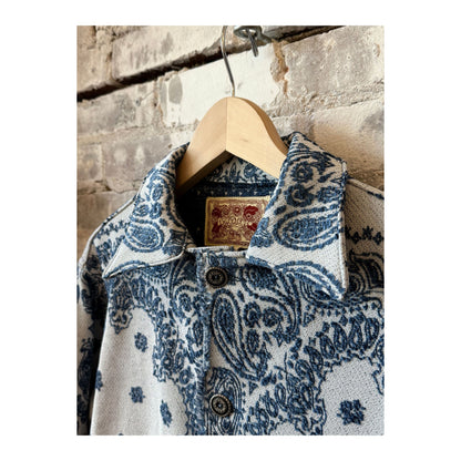 Men's Paisley Blanket Shirt Jacket in indigo by MONOSTERO, featuring a cozy, patterned design perfect for layered style.