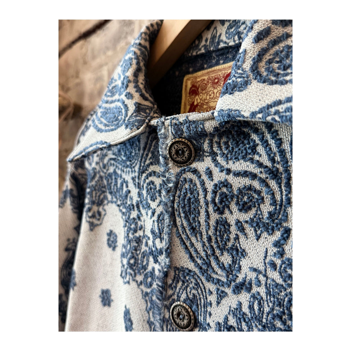 Men's Indigo Paisley Blanket Shirt Jacket by MONOSTERO, featuring a cozy blanket-style design with paisley pattern.