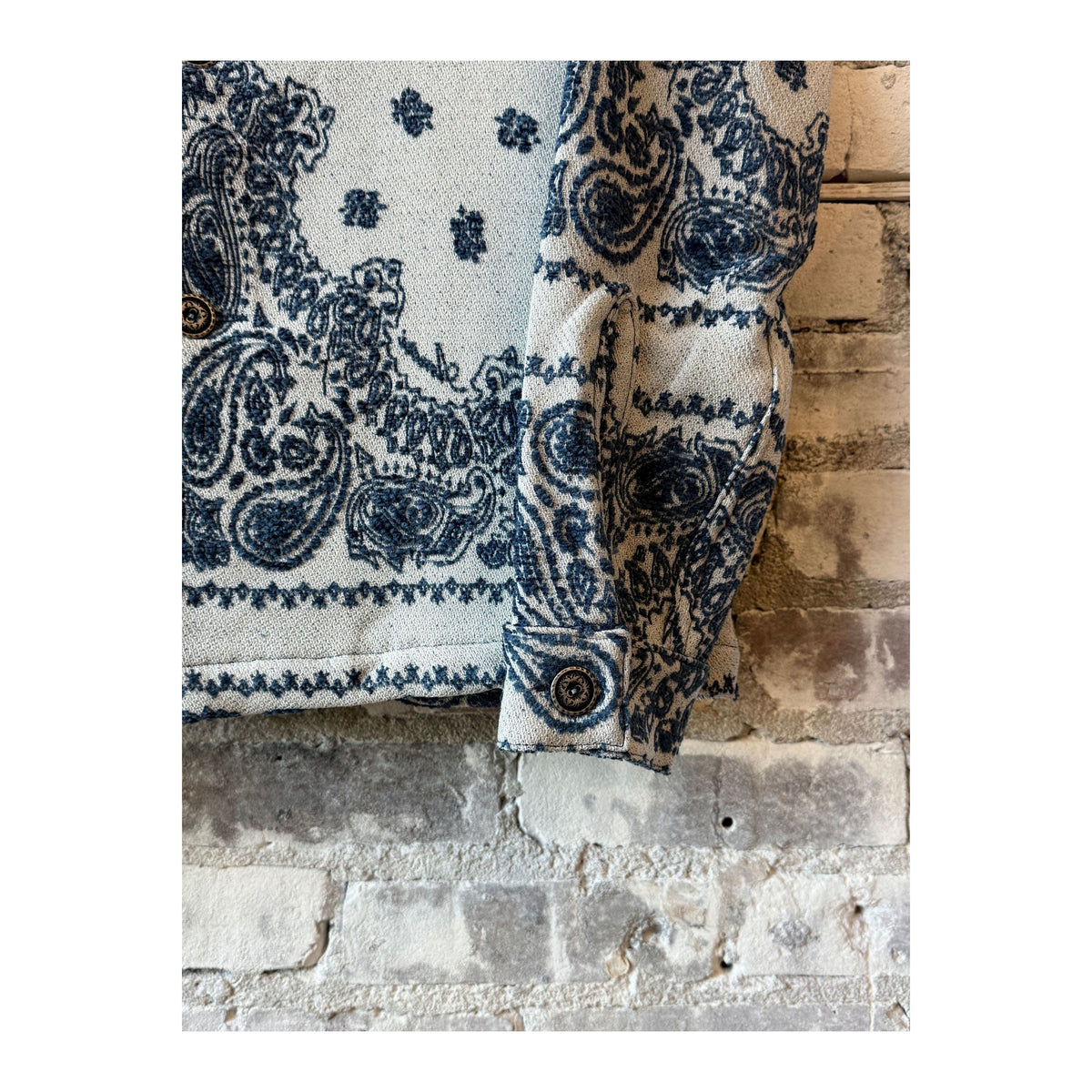 Men's MONOSTERO Paisley Blanket Shirt Jacket in indigo, featuring a stylish paisley pattern and cozy fabric.