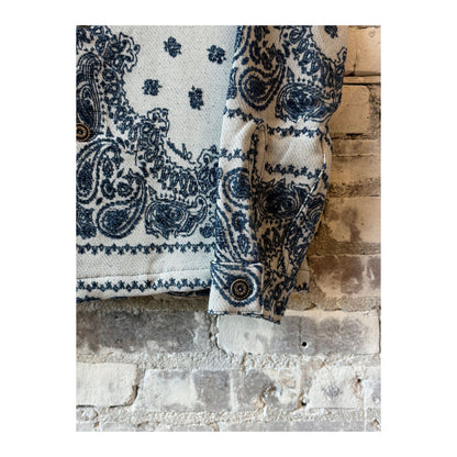 Men's MONOSTERO Paisley Blanket Shirt Jacket in indigo, featuring a stylish paisley pattern and cozy fabric.