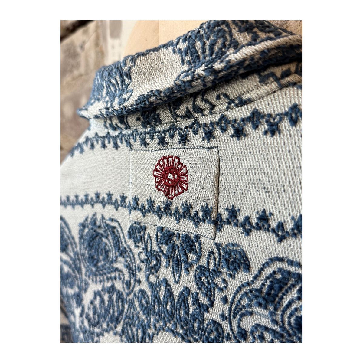 Men's Paisley Blanket Shirt Jacket in Indigo by MONOSTERO, featuring a cozy, patterned design perfect for layered style.
