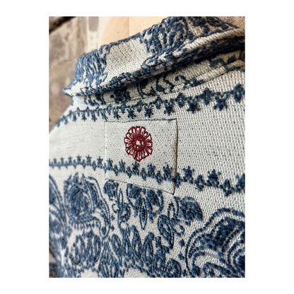 Men's Paisley Blanket Shirt Jacket in Indigo by MONOSTERO, featuring a cozy, patterned design perfect for layered style.