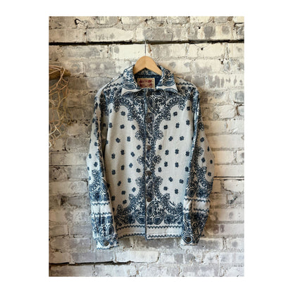 Men's indigo Paisley Blanket Shirt Jacket by MONOSTERO, showing the cozy, patterned fabric and relaxed fit.