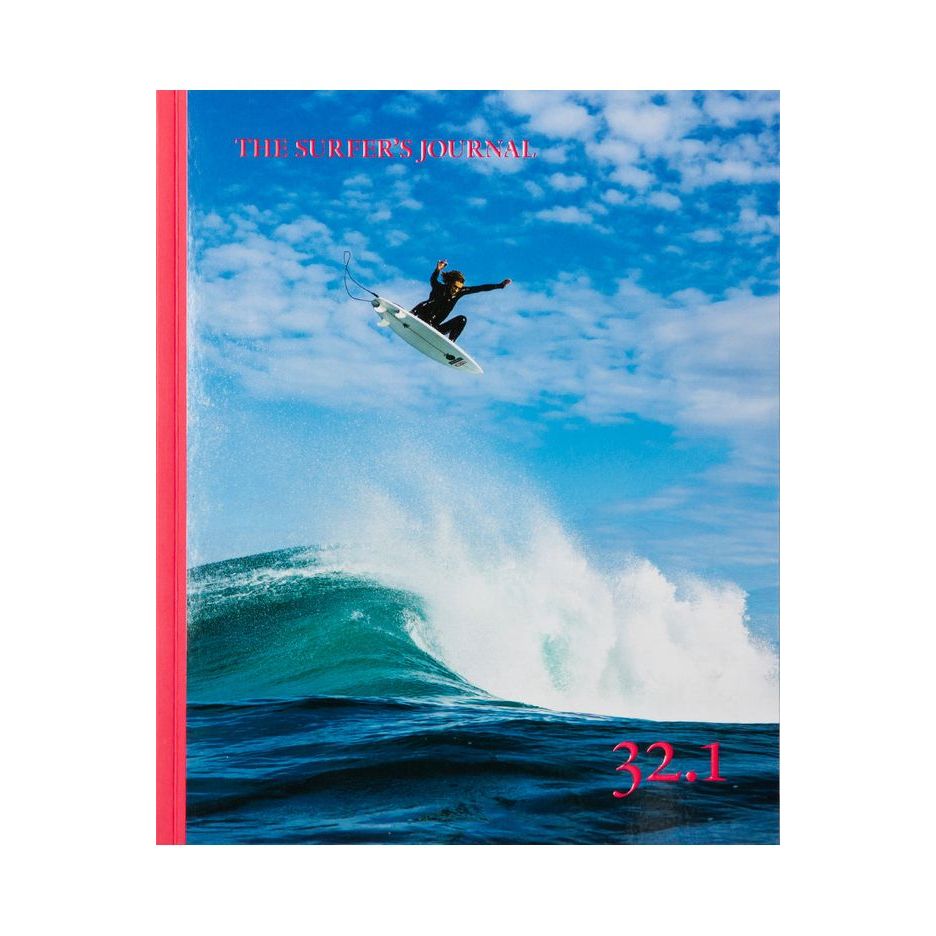 Front cover of The Surfer's Journal 32 editions, featuring surf-themed artwork and branding on a home accessory journal.