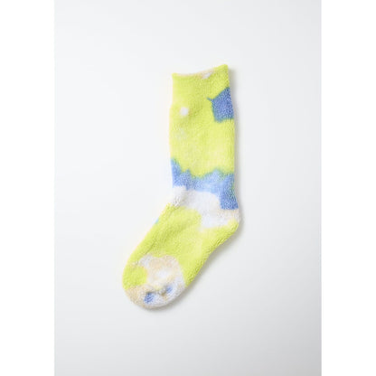 Men's Tie Dye Pile Socks by Rototo in lime and blue with colorful, textured pile fabric and ribbed cuffs.