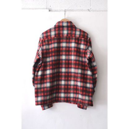 Men's Fujito "Tom" CPO jacket in red check pattern, shown on a hanger with front view and button details.